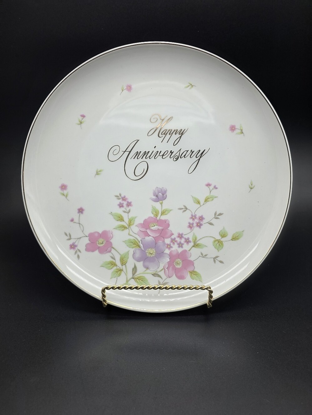 Vintage Cameron Japan Happy Anniversary Porcelain Plate Floral Gold Trim 10.5"